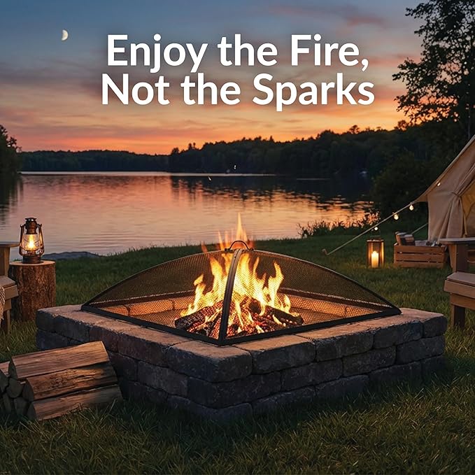 Sunnydaze Square Fire Pit Spark Screen - Outdoor Fire Pit Screen with Handle - Heavy-Duty Steel Metal Mesh - 31" Square