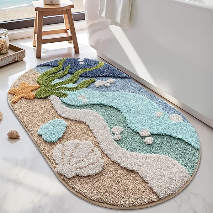 LUMI Beach Bathroom Rugs, Non Slip Bath Mat Ultra Soft Washable Absorbent Quick Dry, Ocean Sea Theme Bath Rug with Starfish Shell for Shower Floor, Kitchen Decor, Kids Room, 24"x44"