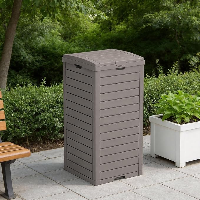 38 Gallon Outdoor Trash Can with lid,Waterproof,UV-Resistant Resin Garbage Can,Lockable Lid and Drip Tray,Trash Bin for Patio,Kitchen, Backyard and Deck(Grey)