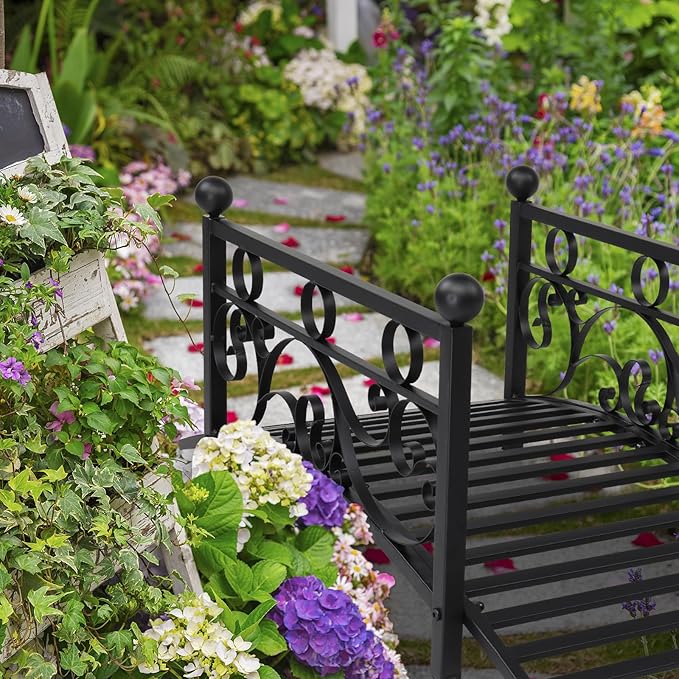 Garden Bridge,Metal Arch Backyard Garden Bridge with Safety Siderails,Arch Path Bridge,Ourdoor Decorative Iron Foot Bridge for Pond and Backyard Landscaping (Black with Ball Flat Top)