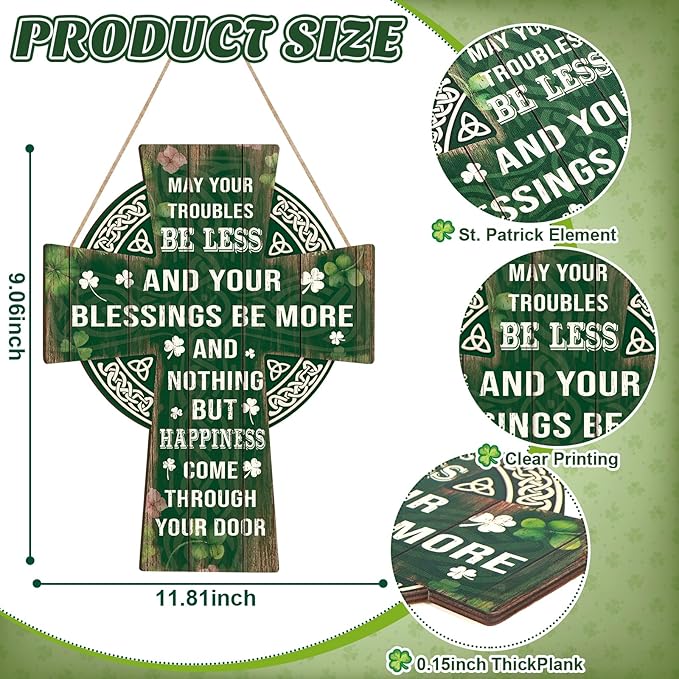 Wooden St Patricks Day Decoration Shamrock Door Wreath for Front Door Sign Wall Signs Shamrock Clover Spring Decoration, Irish Sign Welcome Hanging for Home Decor Party Outdoor Indoor Supply