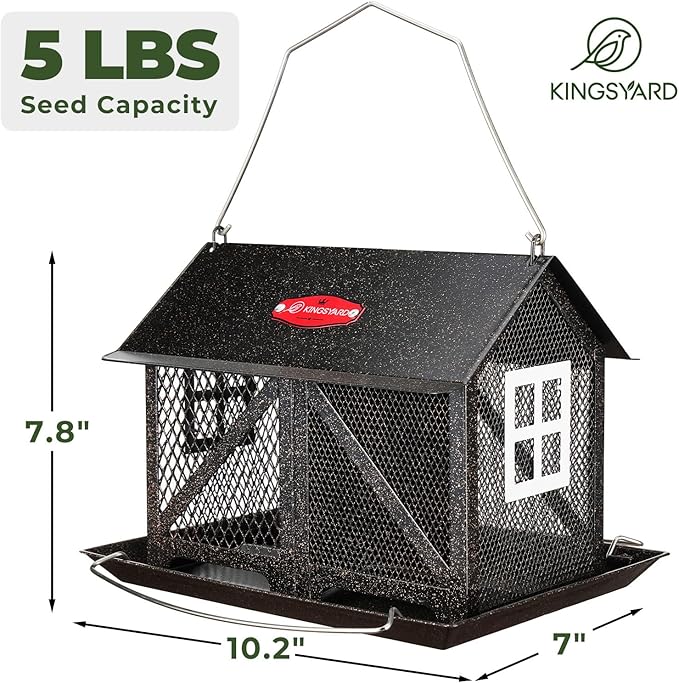 Kingsyard Metal Bird Feeder for Outdoors Hanging, 2-in-1 Wild Bird Feeder with Seed Tray & Built-in Perch, 5 lb Large Capacity for Cardinal Chickadee Finch, Black