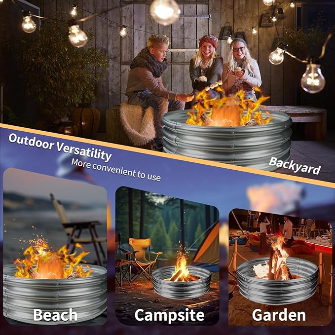 36 Inch Round Galvanized Fire Pit Ring/Fire Ring - Foldable and Perfect for Outdoor Gatherings and Campfires in the Yard/Garden/Park/Beach (3 FT Diameter, Silver)