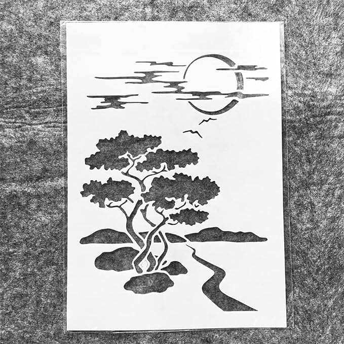 TIAMECH A4 Reusable Night Scene Stencil for Painting - Moon Road Tree Mountain Layering Template, DIY Wall Art, Wood Furniture, Scrapbook & Crafts (8.3x11.7inch)
