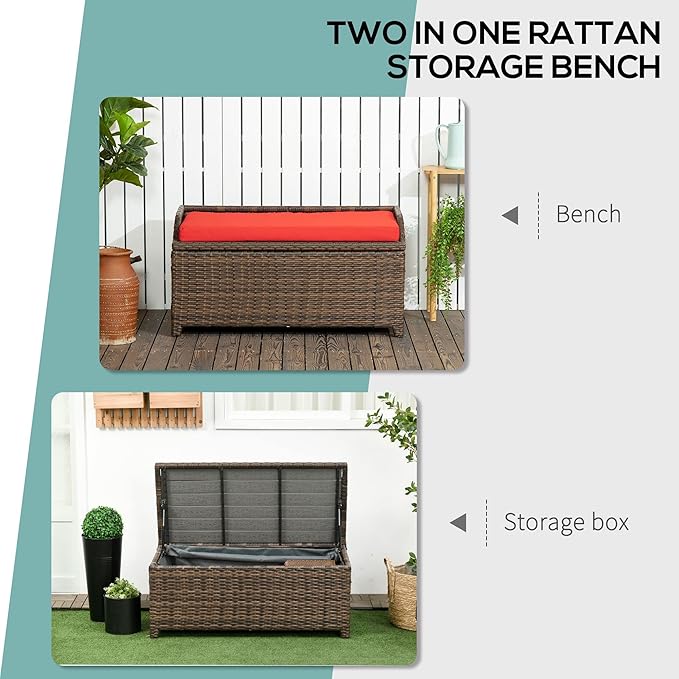 Outsunny 34 Gallon Outdoor Wicker Storage Bench Deck Box, PE Rattan Patio Furniture Pool Storage Bin Container with Interior Waterproof Cloth Bag and Comfortable Cushion, Red