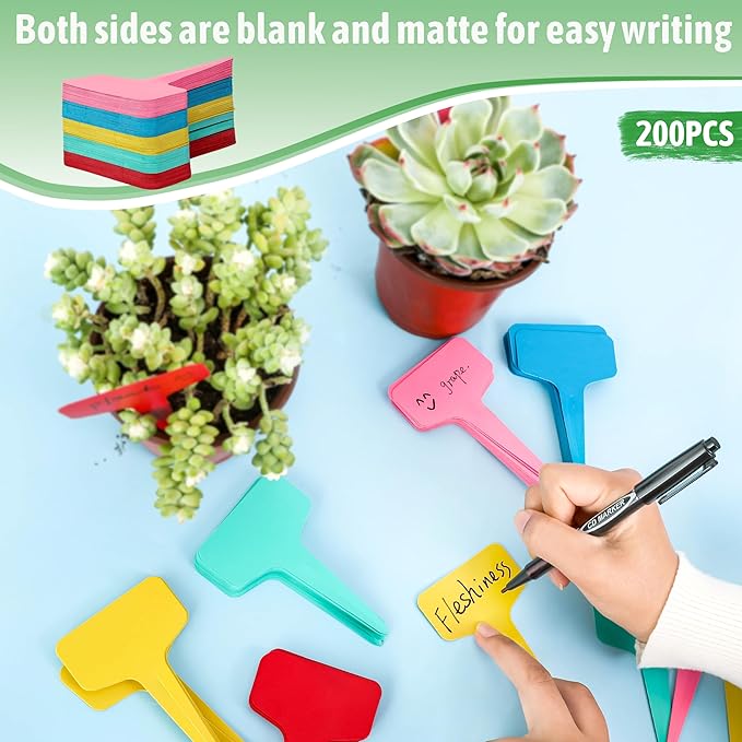 Plant Labels Tags 200Pcs T-Type Plant Markers Plastic Plant Label Garden Labels Tags Plant Labels for Outdoor Garden Waterproof Plant Label Identification Stakes with Permanent Marking Pen 5 Colors