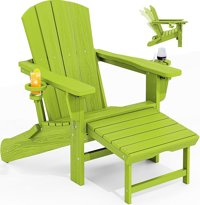 KINGYES Folding Adjustable Adirondack Chair with Ottoman, HDPE Adirondack Recliner Chair with Footrest, Apple