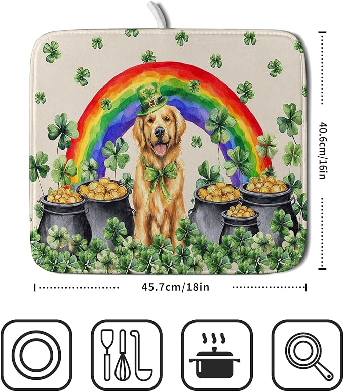 St Patricks Day Drying Mat Samll Lucky Clovers Green Kitchen Decor Counter Mats for Dog Lover