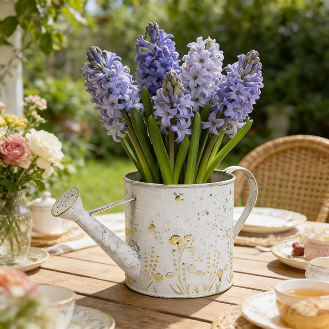 Vintage Metal Watering Can Planter with Embossed Floral - Distressed White Decorative Watering Pot for Indoor/Outdoor Flowers, Succulents & Herbs, Rustic Home Decor Accent