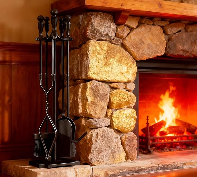 Kingson 5 Pcs Fireplace Tools Sets Heavy Duty Wrought Iron Large Fire Tool Set and Holder Outdoor Fireplace Tools Black