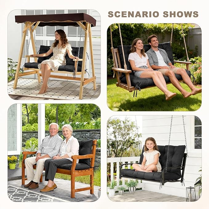 Porch Swing Cushion with Backrest,Waterproof Bench Cushion for Outdoor Furniture,2-3 Seater Replacement Thickened Swing Cushion with Ties,Patio,Outdoor,Backyard and Garden (Black,40x40)