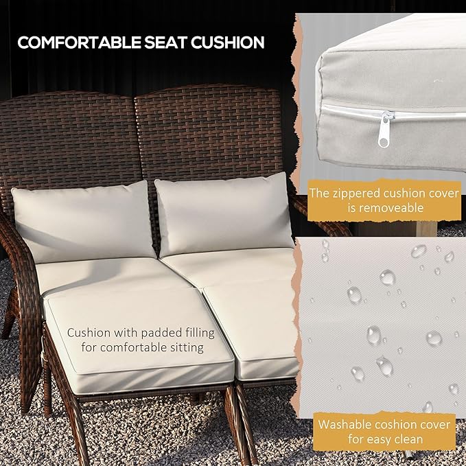 Outsunny Wicker Adirondack Chair for 2 with Cushions & Footrests, PE Rattan Double Chaise Lounge Chair, Fire Pit Chair for Porch with High-Back, Wide Armrests, Cream White