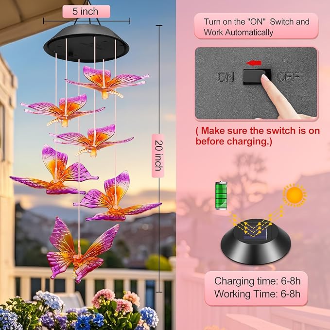 Valentines Day Gifts for Her Mom Grandma, Birthday Gardening Gifts for Women, Winzwon Solar Lights Outdoor Wind Chimes for Garden Yard Patio Porch Decor Hanging Butterfly Decorations