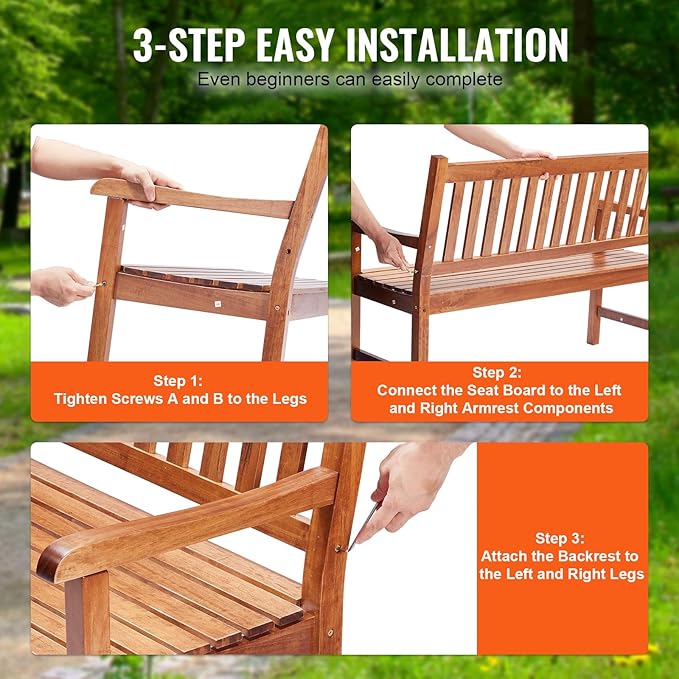 VEVOR Wood Outdoor Bench, 2-Person Garden Bench with Backrest and Armrests, 800 lbs Load Capacity,All-Weather Never Rot Patio Bench for Garden, Park, Yard, Front Porch