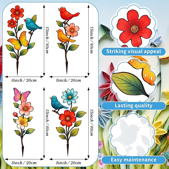 4 Pack Metal Flowers Outdoor Decor Spring Garden Stakes for Outside 15'' Decorative Colorful Flowers Birds Butterfly Yard Art Rust Proof Plant Sticks for Yard Lawn Pathway Patio Outside Walkway