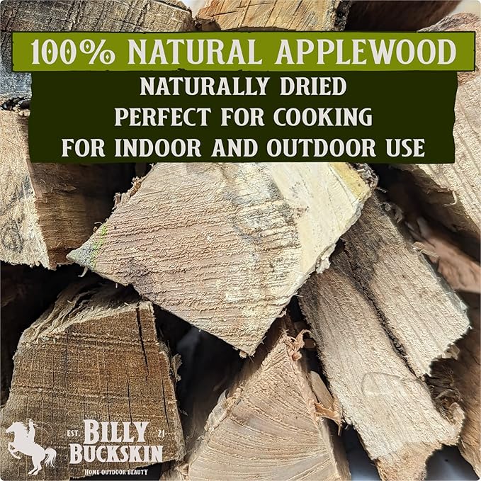 Billy Buckskin 18 LB Applewood Cooking Firewood – Includes 1lb 100% Natural Apple Wood Chips & Fatwood Starter Sticks for Fire Pit, Campfire, Fireplace, Wood Stoves and Outdoor Grilling