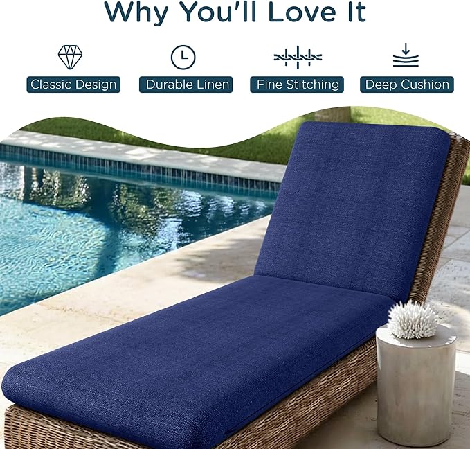 Codi Outdoor Chaise Lounge Chair Cushions 80"x26"x3.5" – Linen Texture, Fade Resistant, Waterproof, Removable Cover, Thick Soft Padding for Patio Furniture & Pool Relaxation, Navy Blue
