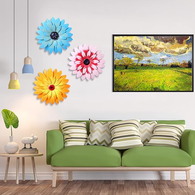 Hotop 3 Pcs Metal Flower Wall Art 3D Metal Daisy Wall Decor Multiple Layer Hanging Flower Rustic Farmhouse Boho Style Decorations for Indoor Outdoor Home Living Room Office Garden, 8 Inches(Stylish)