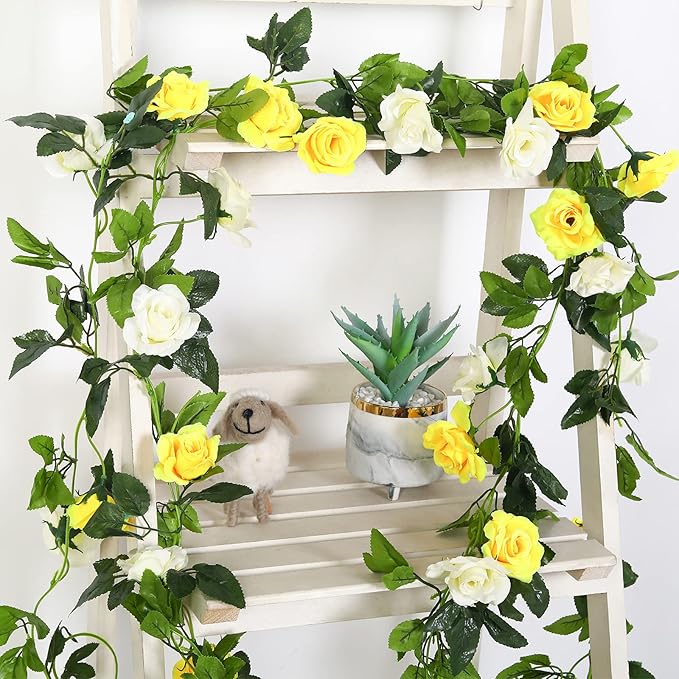 JUSTOYOU Artificial Rose Vines Yellow Flowers Garland Hanging Silk Rose Vine for Wedding Home Office Arch Arrangement Decoration 7.6FT(2PCS)