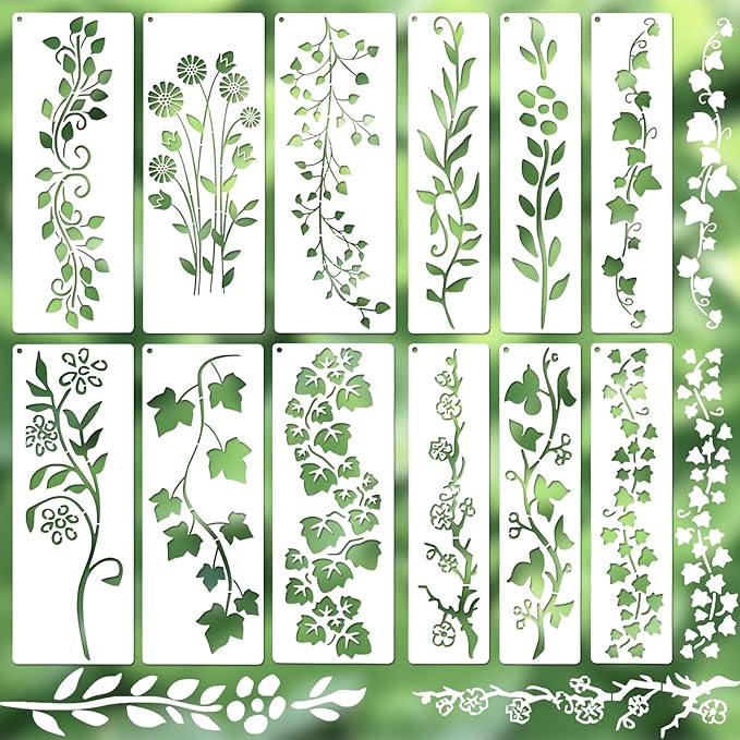 12 PCS Leaf Vine Stencils, Flower Leaves Reusable Plastic Plant Templates, Vine Spring Stencils Set for Painting on Wood Wall Canvas Drawing Art Fabric Furniture DIY Craft Home Decoration, 2 Size