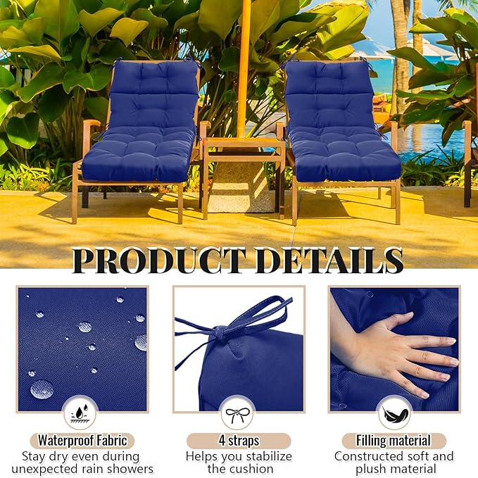 Kigley 2 Pcs Chaise Lounge Cushions 75 x 22 x 5 Inches Soft Lounge Chair Cushion Spring/Summer Seasonal Replacement for Outdoor Indoor Home Office (Dark Blue)