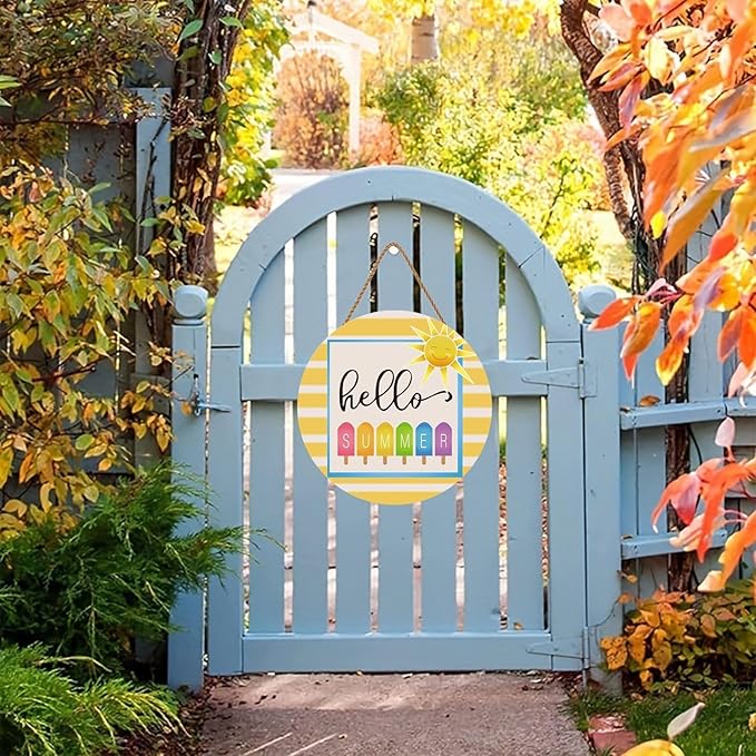 5ARTH Hello Summer Wooden Front Door Hanger Sign Hanging Sun Wall Decorations Porch Decor Home Garden Farmhouse Indoor Outdoor Wall Hanging Decoration