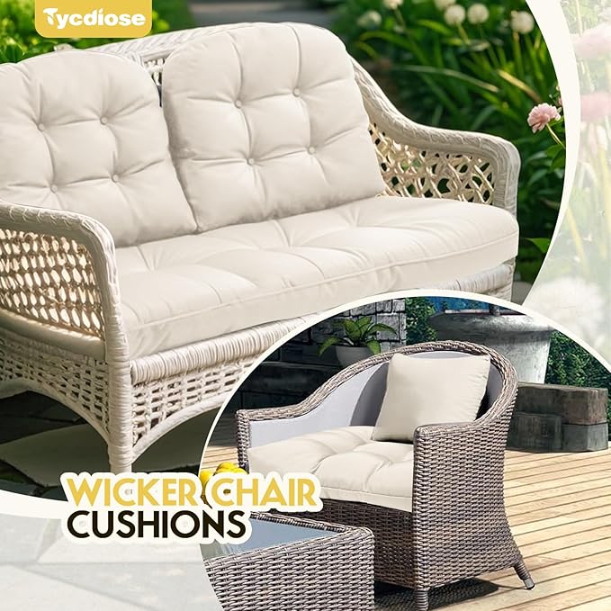 All Weather Outdoor Wicker Chair Cushions of 3 Pieces, Waterproof Outdoor Wicker Chair Cushion for Patio Furniture Loveseat Settee Bench, 1 Loveseat and 2 U-Shaped Thickened Cushions, Cream