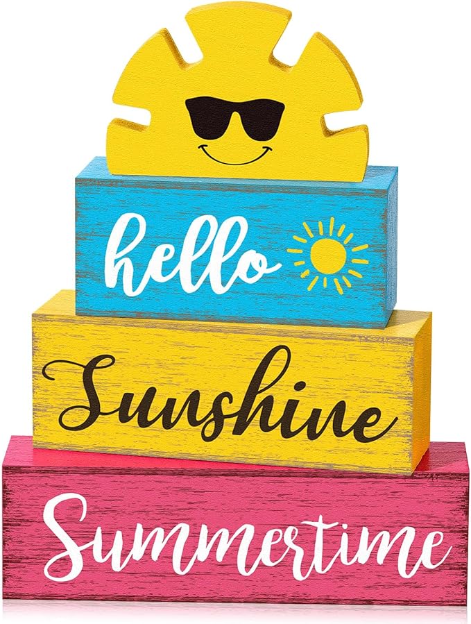Summer Table Decor Hello Sunshine Wooden Block Sign Farmhouse Summertime Beach Tiered Tray Decor Rustic Table Centerpieces Summer Decorations for Home Desk Shelf Mantle Office Decorations