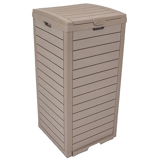 Sunnydaze 39-Gallon Patio Trash Can with Lid - Outdoor Garbage Can with Built-in Drip Tray - Weather-Resistant Resin - Light Gray