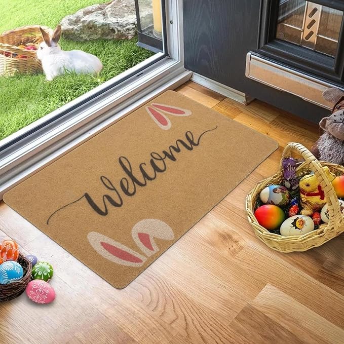 Easter-Decorative-Welcome-Doormat Outdoor-Entrance Easter Bunny Door Mat Non Slip Coir Front Door Mats for Spring Home Decor 17" x 29"
