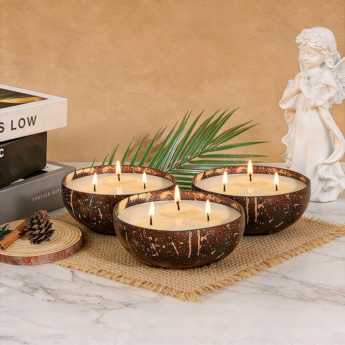 Viyffo Large Lemongrass Citronella Candles Outdoor, 3 Wick 18oz Citronella Candle Indoor, Non Toxic Soy Scented Candle, Natural Coconut Shell Jar for Patio, Garden, Backyard & Camping Décor & Gift