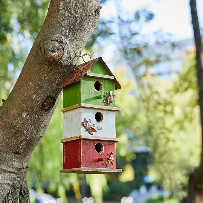 Glitzhome Bird Houses for Outside, 13.75" H Multicolored Three-Tiered Distressed Solid Wood Birdhouse Garden Hanging Bird House for Outdoors