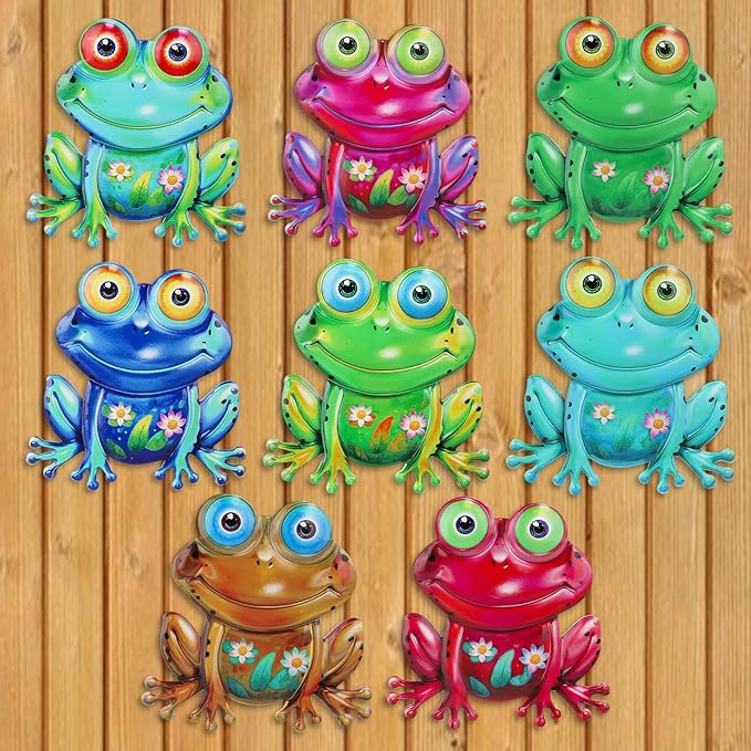Junware Metal Frog Wall Decor, 8 Pcs Frogs Wall Art Sculptures Hanging Sculpture Decoration, Outdoor Fence Arts for Home Garden, Fence, Patio, Yard, Bedroom Outside Gifts for Adults