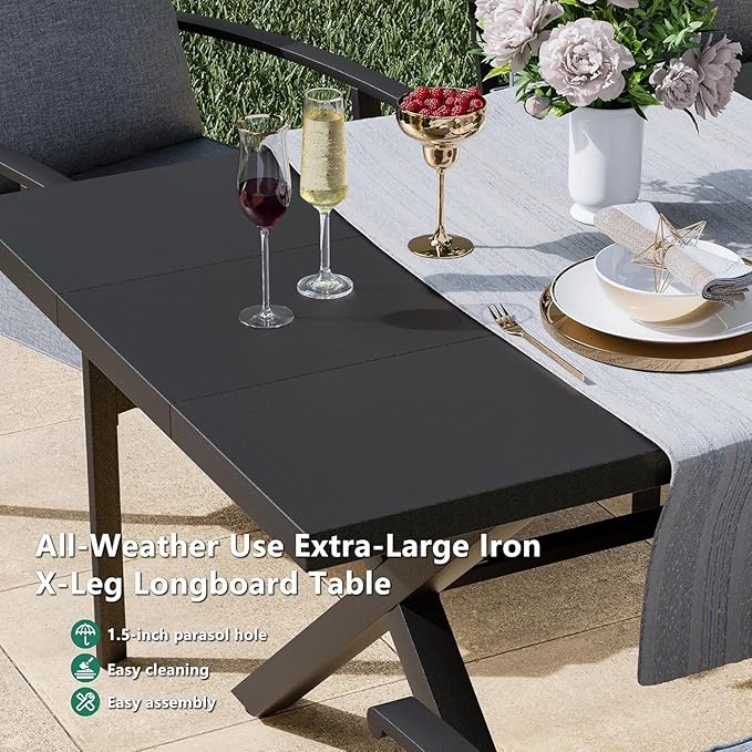 Kullavik 14 PCS Outdoor Dining Table Set for 12,Fence Pattern Back Chairs & Swivel Chairs,Iron Longboard X-Leg Table w/Parasol Hole,Patio Furniture Set for Backyard,Garden,Poolside-Grey