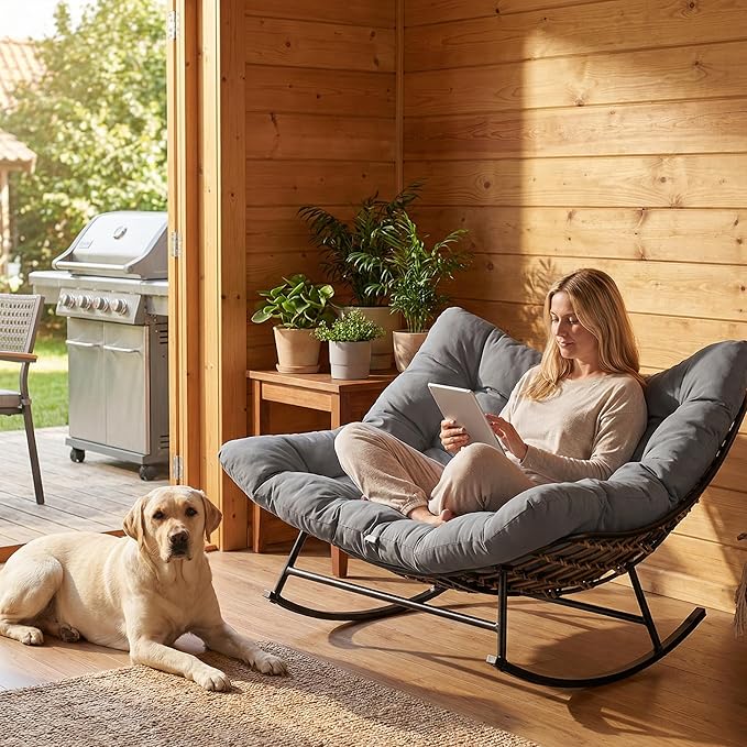 COSIEST Oversized Papasan Rocking Chair with Extra Thick Cushion - 45 in Rattan Wicker Egg Chair for Indoor/Outdoor Use, Swivel Lounge Chair for Patio, Living Room, Bedroom, Grey