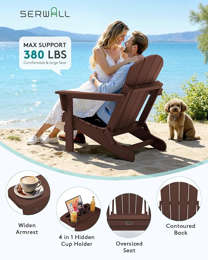 SERWALL Folding Adirondack Chair for Outdoor, Paito Adirondack Chairs with 4 in 1 Cup Holder, All-Weather Patio Chairs with Wood Texture, Fire Pit Chairs for Deck Porch Garden Poolside -Coffee