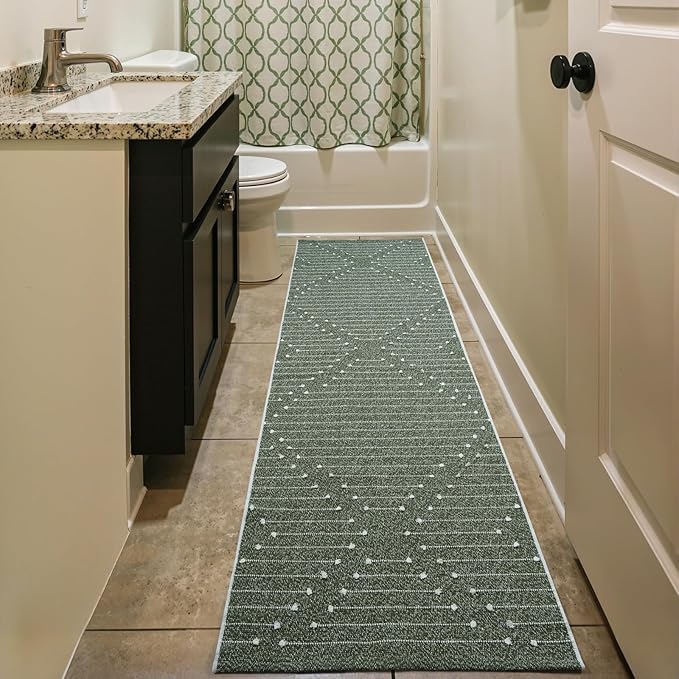 LIVEBOX Green Runner Rug for Kitchen 2x8, Boho Washable Runner for Hallway, Moroccan Cotton Long Entryway Area Rug Indoor Carpet for Bedroom Laundry Doorway Entry(Green & White)