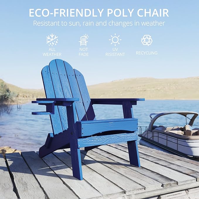 LUE BONA Folding Adirondack Chair 3 Piece Set, Navy Blue HDPS Outdoor Chair with Side Table & Cup Holder for Lake House Porch