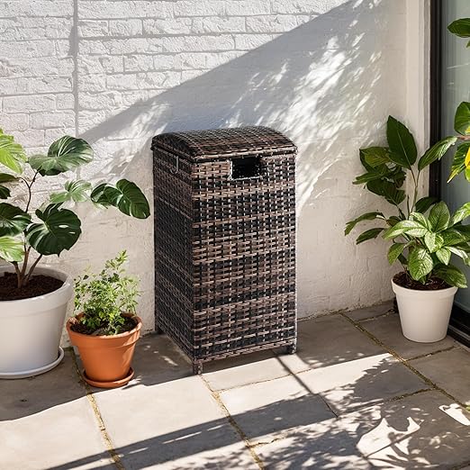 33 Gallon Outdoor Wicker Trash Bin,Wicker Patio Trash Bin, 33 Gallon Rattan Trash Can with Lid for Porch Backyard Deck Patio Poolside, Brown
