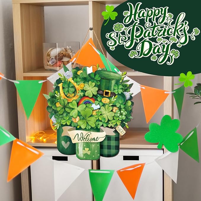 Boao St. Patrick's Day Welcome Sign Wooden Hanging Decor Farmhouse Rustic Door Decoration St. Patrick's Day Wreath Sign with Bow Ornament for Irish Home Indoor Outdoor Holiday Farmhouse Window