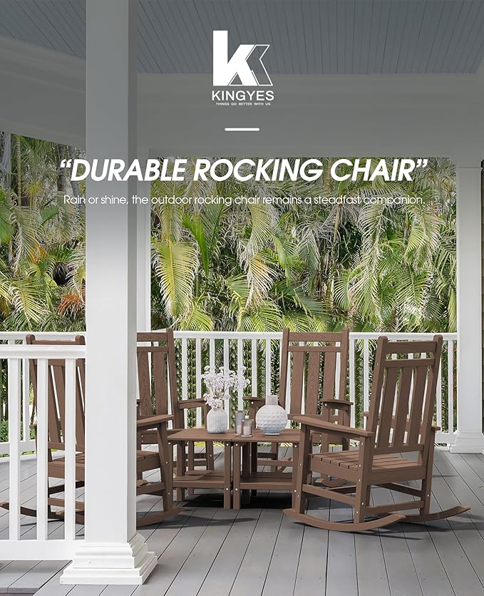 KINGYES Outdoor Rocking Chair, All-Weather Patio Rocking Chairs for Porch, HDPE Rocking Outdoor Chairs with High Back for Adult, Heavy Duty Outdoor Patio Rockers for Garden, Lawn, Brown
