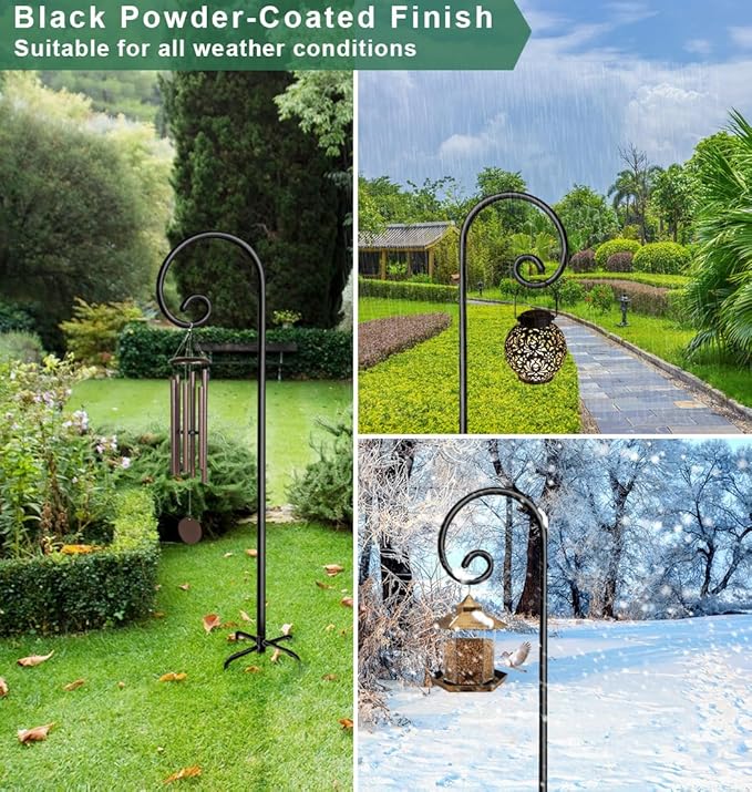 Koutemie 92 Inch Outdoor Shepherd Hook for Hanging Plant, Adjustable Heavy Duty Bird Feeder Pole with 5 Prong Base for Solar Lanterns, Black & 2 Packs