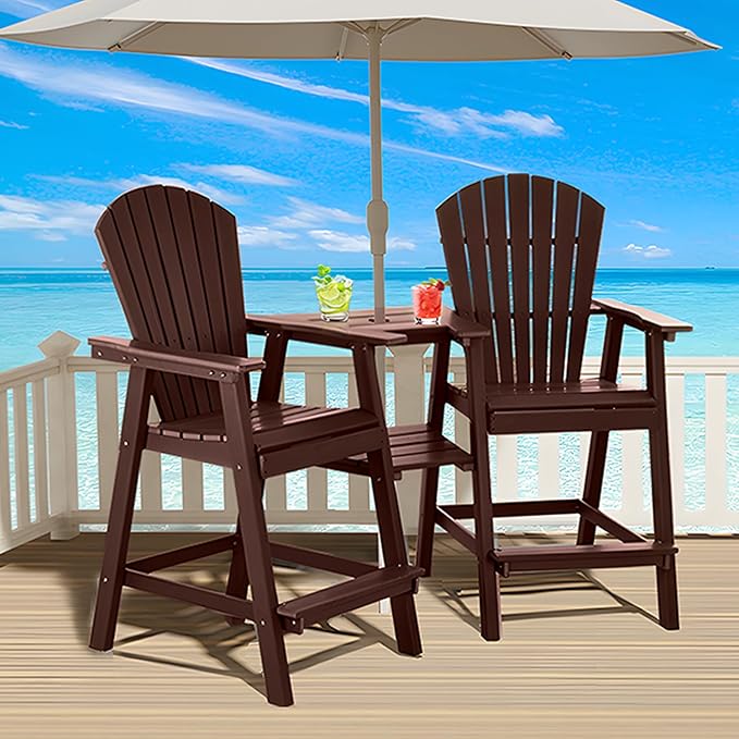 Tall Adirondack Chairs Set of 4, HDPE Balcony Chair with Double Connecting Tray, Weather Resistant Outdoor Adirondack Bar Stools for Patio, Deck, Patio, Backyard, Balcony. (Brown)