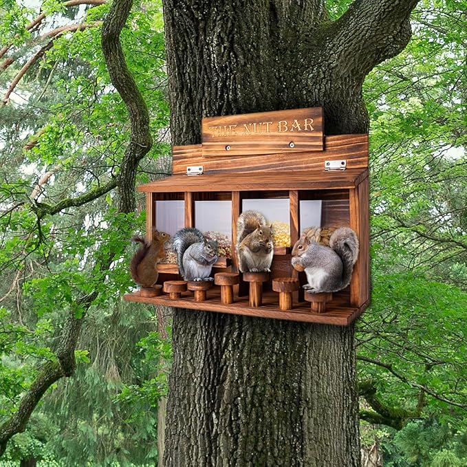 CODIN Squirrel Feeder Table, Wooden Squirrel Picnic Table Feeder, Durable Squirrel Feeder Corn Cob, with Solid Structure, Stable Squirrels Stool Bar, 16 x 12 x 7 Inches (Burnt Wood)