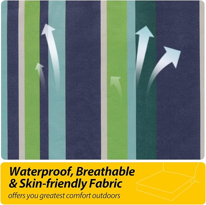 AAAAAcessories Outdoor Seat Cushions for Chairs, Fade-Resistant, Waterproof Patio Furniture Replacement Cushions, 24" x 24" x 5" + 24" x 13.5", Stormy Teal Coastal Stripe
