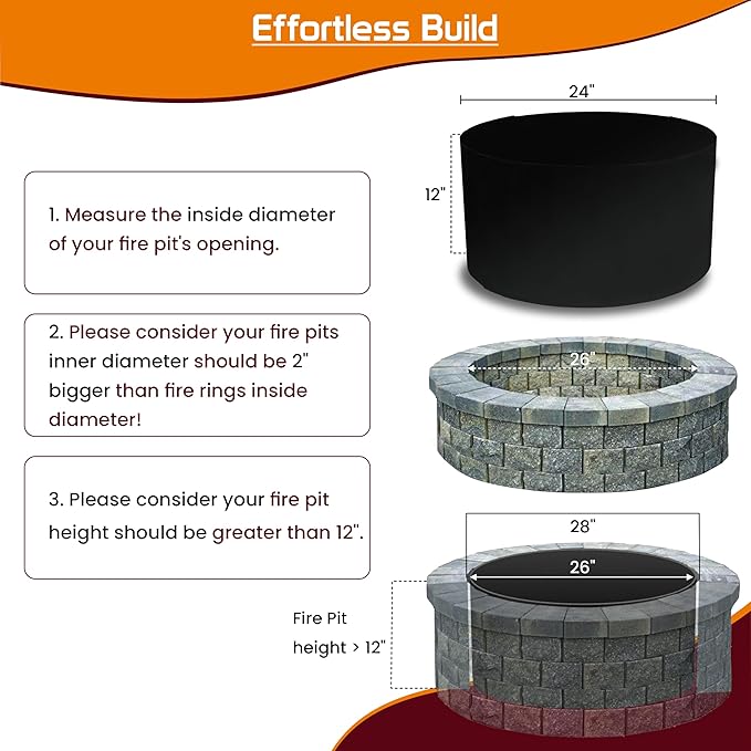 SIMOND Store Portable Fire Pit Ring Liner - 24" X 12" No Bottom 2mm Heavy Duty Steel Round Fire Pit Insert - Above or In-Ground DIY Fire Ring Insert for Outdoor Garden, Patio, Camping & Bonfire