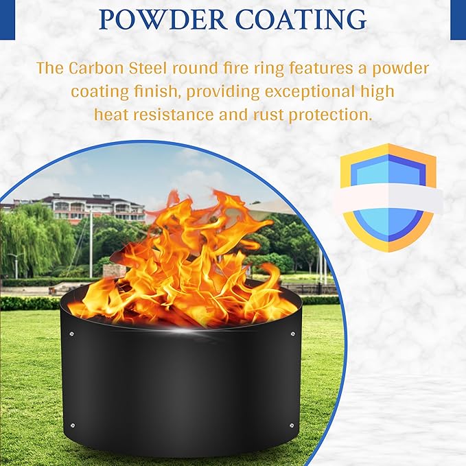 FEBTECH Fire Ring for Outside Fire Pit - 38" Dia & 12" H No Bottm Deep Fire Ring Insert - Powder Coated 2mm Carbon Steel Liner for Above or In Ground Fire Pit & Outdoor Garden or Camping