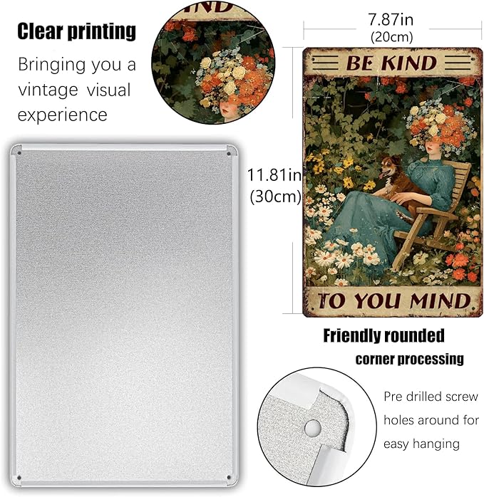 Garden Vintage Sign"Be Kind To Your Mind "Vintage Tin Sign Wall Art Girl and Flower Metal Decor For Women Home Office Living Room (20cm*30cm) (5)