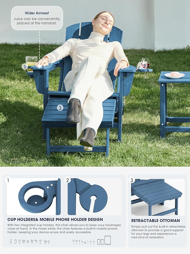 KINGYES Folding Adjustable Adirondack Chair with Ottoman & 2 Cup Holders Set of 6, HDPE Recliner Adirondack Chair with Footrest, Brown