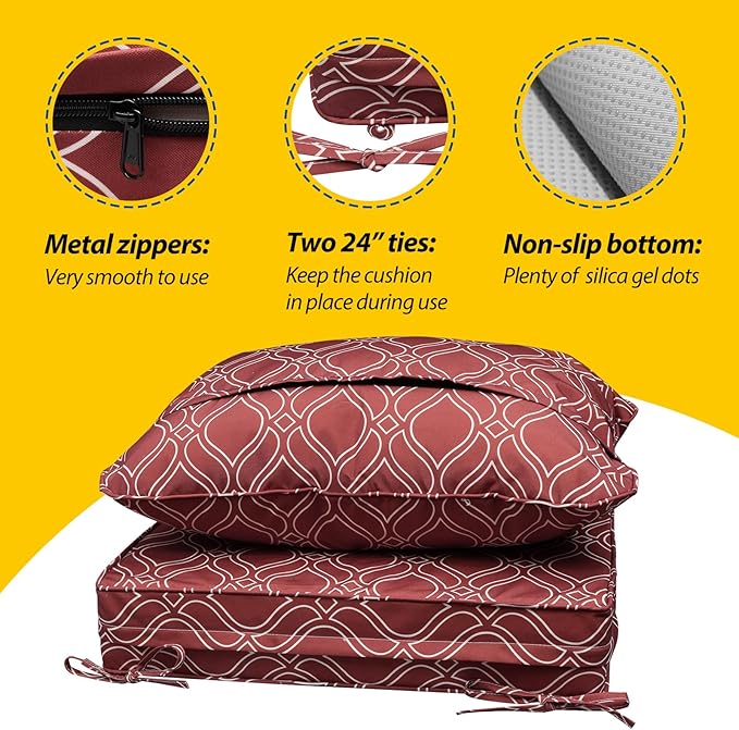 AAAAAcessories Outdoor Seat Cushions for Chairs, Fade-Resistant, Waterproof Patio Furniture Replacement Cushions, 25.5" x 25.5" x 5" + 25.5" x 19", Clay Red Vine Trellis